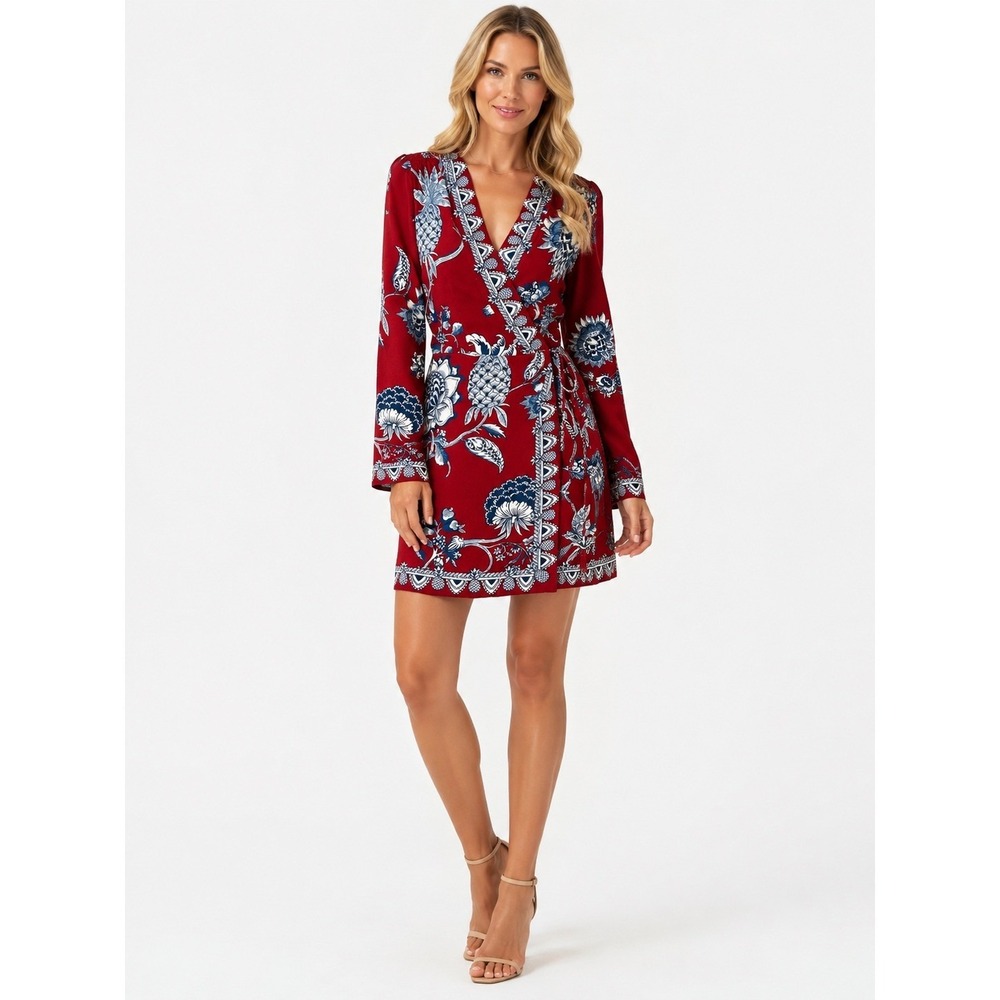 FARM Rio Burgundy Wrap Dress with Blue & White Floral Print